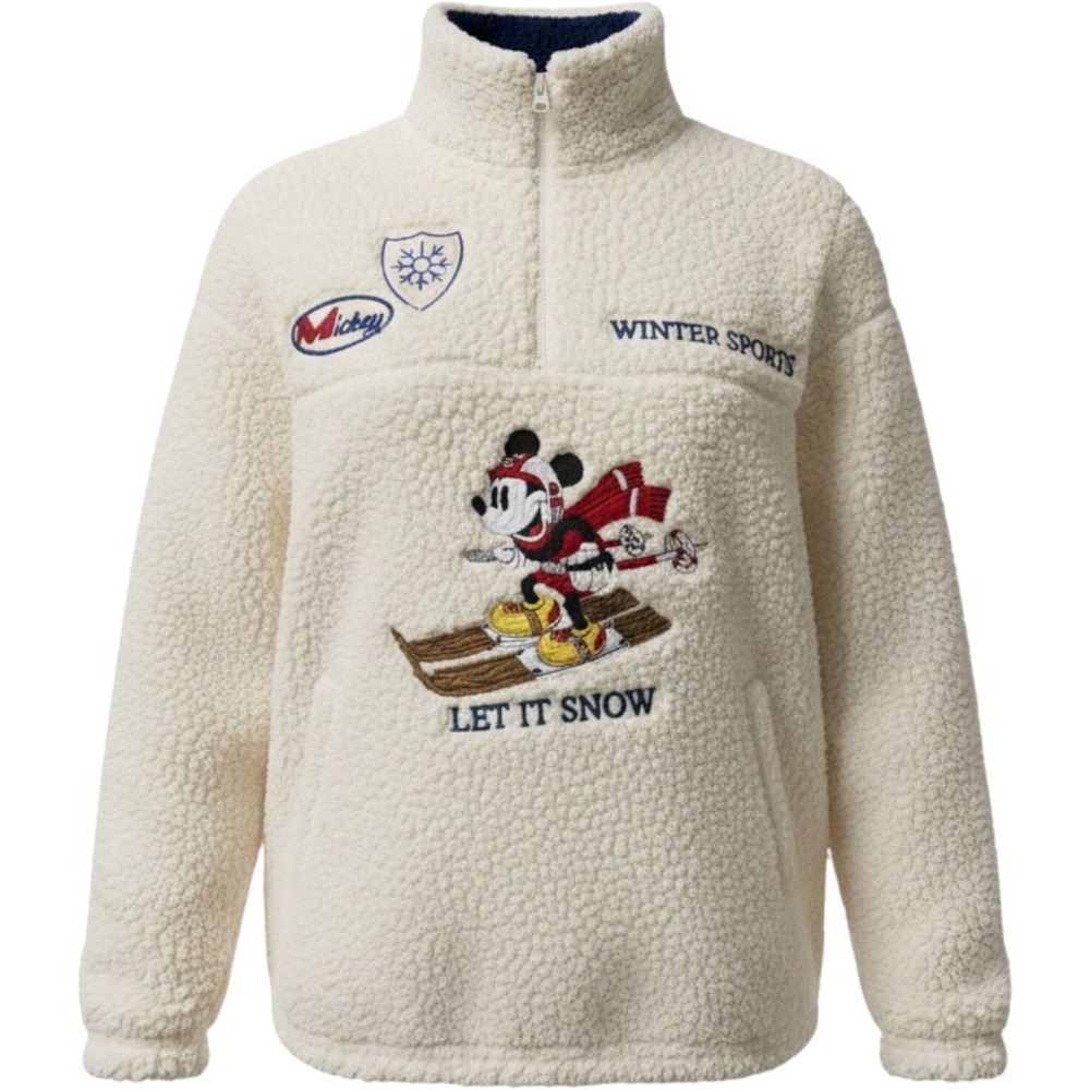 Disney Mickey Mouse Winter Sports Sherpa Fleece Pullover Off White Women's S NEW